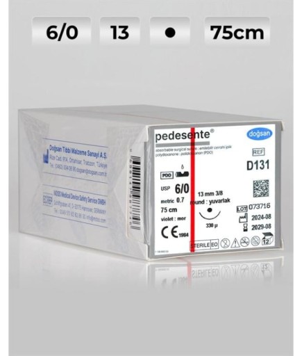 D131 DOĞSAN Pedesente 6/0 13 3/8 Yuvarlak (●),Çift 75Cm PDO Emilebilir Sütür 12 Ad./Pkt