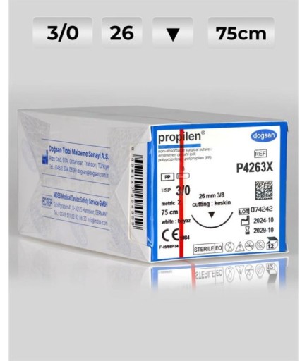 P4263X DOĞSAN Propilen 3/0 26 3/8 Keskin (▼) Polipropilen Emilemeyen Sütür