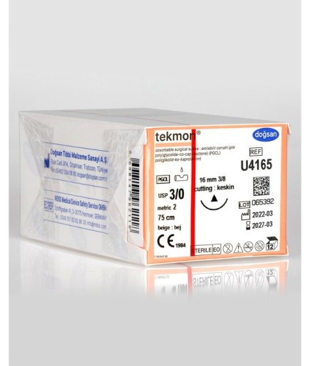 U4165 Tekmon 3/0 16 3/8 Keskin (Δ) 75Cm PGCL Emilebilir Sütür 12 Ad./Pkt