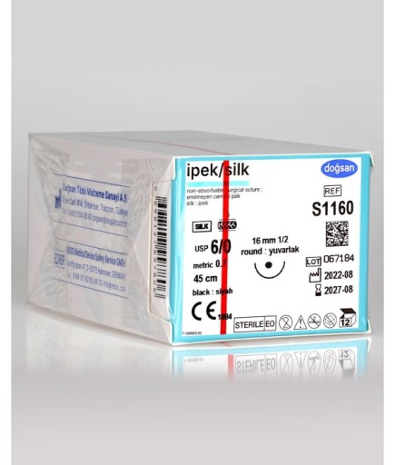 S1160 İpek 6/0 16 1/2 Yuvarlak (●) 45Cm İpek Emilemeyen Sütür 12 Ad./Pkt