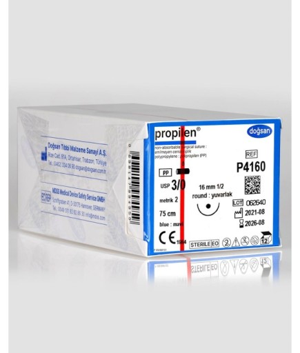 P4160 Propilen 3/0 16 1/2 Yuvarlak (●) 75Cm Polipropilen Emilemeyen Sütür 12 Ad./Pkt