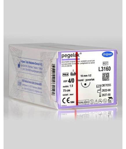L3160 Pegelak 4/0 16 1/2 Yuvarlak (●) 75Cm PGLA Emilebilir Sütür 12 Ad./Pkt
