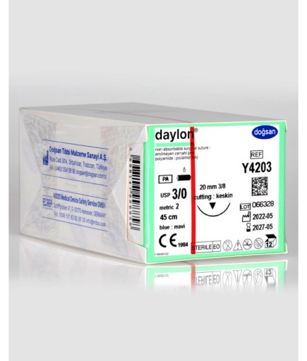 Y4203 Daylon 3/0 20 3/8 Keskin (▼) 45Cm Polyamid Emilemeyen Sütür 12 Ad./Pkt
