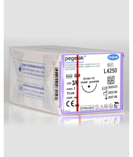 L4250 Pegelak 3/0 25 1/2 Yuvarlak (●) 75Cm PGLA Emilebilir Sütür 12 Ad./Pkt