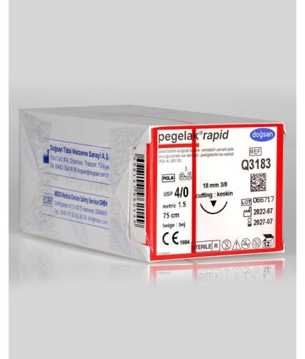 Q3183 Pegelak Rapid 4/0 18 3/8 Keskin (▼) 75Cm PGLA Emilebilir Sütür 12 Ad./Pkt
