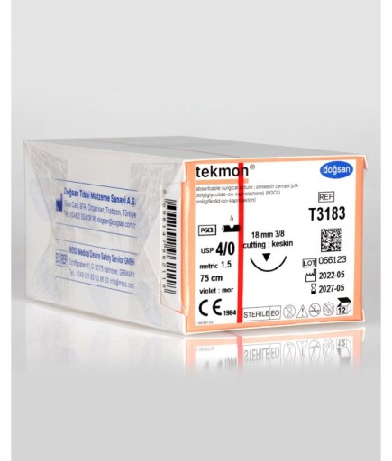T3183 Tekmon 4/0 18 3/8 Keskin (▼) 75Cm PGCL Emilebilir Sütür 12 Ad./Pkt
