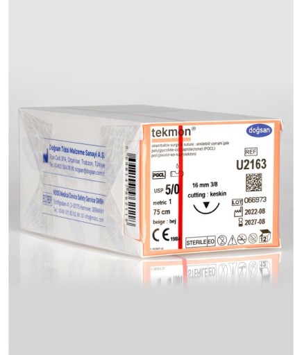 U2163 Tekmon 5/0  Keskin (▼) 75Cm PGCL Emilebilir Sütür 12 Ad./Pkt