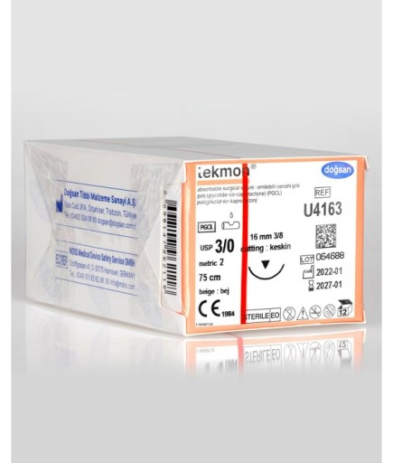 U4163 Tekmon 3/0 16 3/8 Keskin (▼) 75Cm PGCL Emilebilir Sütür 12 Ad./Pkt