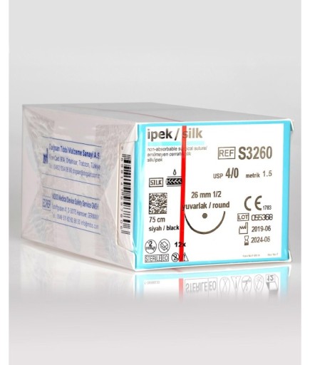S3260 İpek 4/0 26 1/2 Yuvarlak (●) 75Cm İpek Emilemeyen Sütür 12 Ad./Pkt