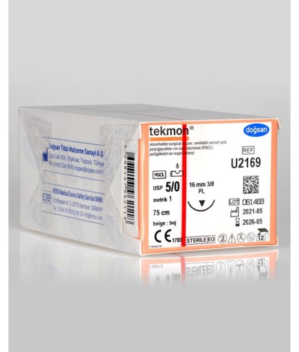 U2169 Tekmon 5/0 16 3/8 PL 75Cm PGCL Emilebilir Sütür 12 Ad./Pkt