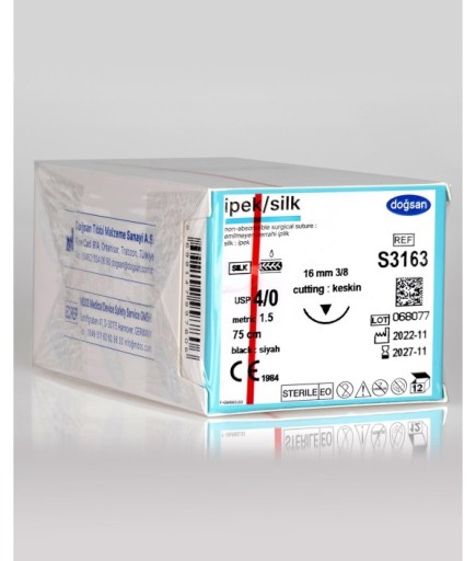 S3163 İpek 4/0 16 3/8 Keskin (▼) 75Cm İpek Emilemeyen Sütür 12 Ad./Pkt