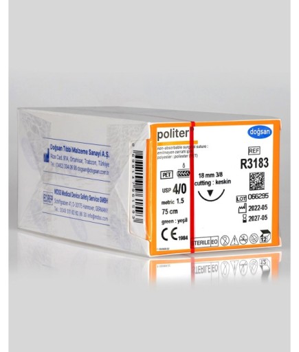 R3183 Politer 4/0 18 3/8 Keskin (▼) 75Cm Polyester Emilemeyen Sütür 12 Ad./Pkt