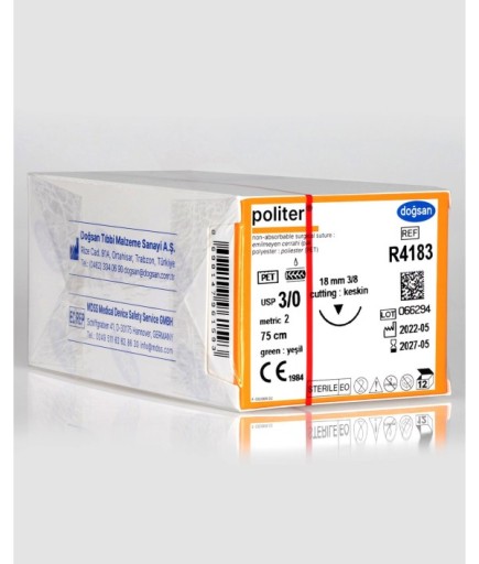 R4183 Politer 3/0 18 3/8 Keskin (▼) 75Cm Polyester Emilemeyen Sütür 12 Ad./Pkt