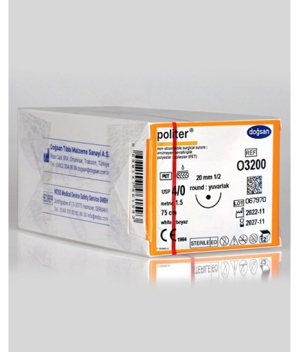 O3200 Politer 4/0 20 1/2 Yuvarlak (●) 75Cm Polyester Emilemeyen Sütür 12 Ad./Pkt
