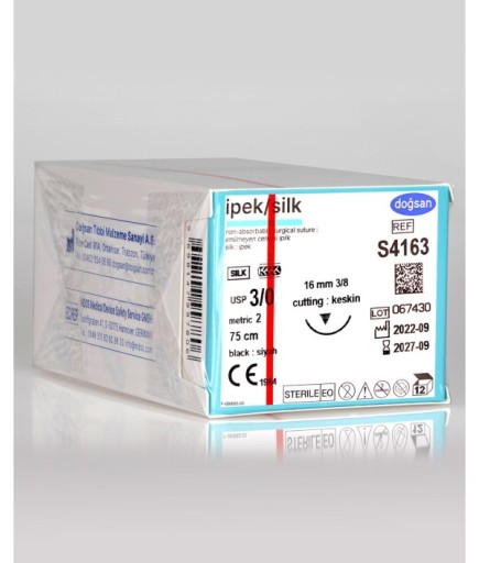 S4163 İpek 3/0 16 3/8 Keskin (▼) 75Cm İpek Emilemeyen Sütür 12 Ad./Pkt