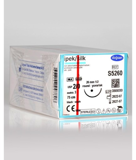 S5260 İpek 2/0 26 1/2 Yuvarlak (●) 75Cm İpek Emilemeyen Sütür 12 Ad./Pkt