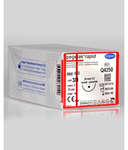Q4250 Pegelak Rapid 3/0 25 1/2 Yuvarlak (●) 75Cm PGLA Emilebilir Sütür 12 Ad./Pkt