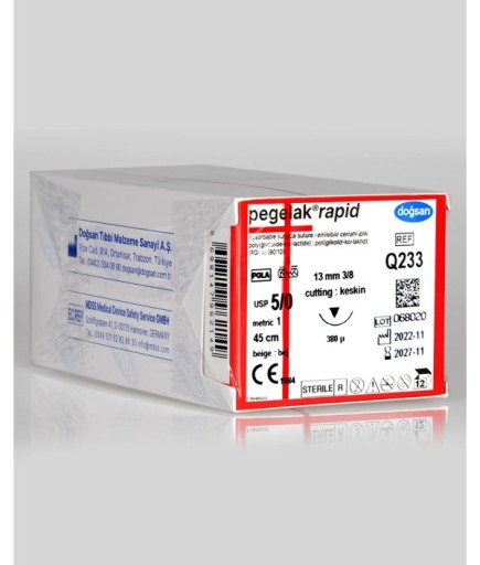 Q233 Pegelak Rapid 5/0 13 3/8 Keskin (▼) 45Cm PGLA Emilebilir Sütür 12 Ad./Pkt