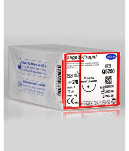 Q5250 Pegelak Rapid 2/0 25 1/2 Yuvarlak (●) 75Cm PGLA Emilebilir Sütür 12 Ad./Pkt