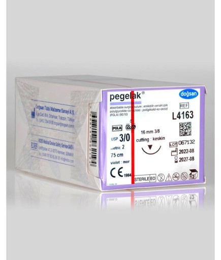 L4163 Pegelak 3/0 16 3/8 Keskin (▼) 75Cm PGA Emilebilir Sütür 12 Ad./Pkt