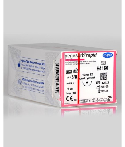 H4160 Pegesorb Rapid 3/0 16 1/2 Yuvarlak (●) 75Cm PGLA Emilebilir Sütür 12 Ad./Pkt
