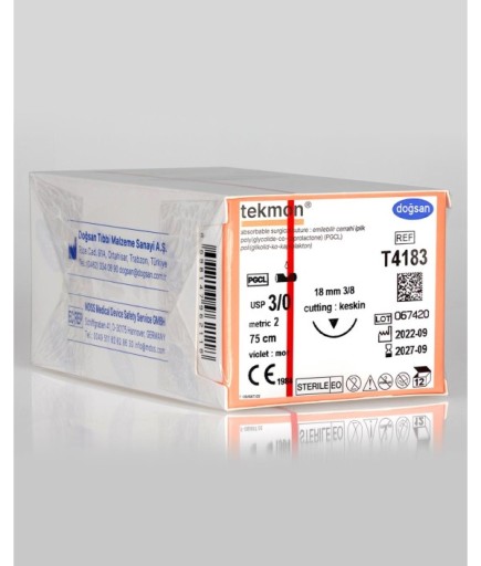 T4183 Tekmon 3/0  Keskin (▼) 75Cm PGCL Emilebilir Sütür 12 Ad./Pkt
