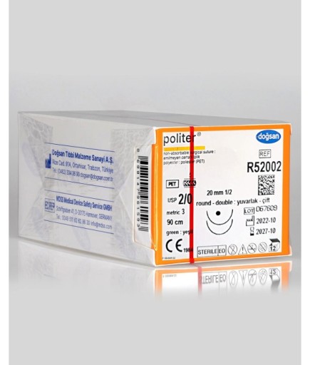 AR52002 Politer 2/0 20 1/2 Yuvarlak (●) 90Cm Polyester Emilemeyen Sütür 12 Ad./Pkt