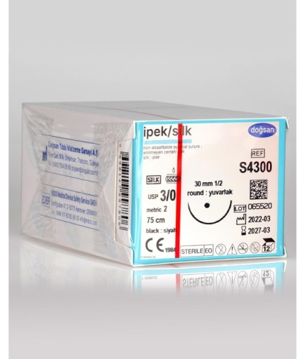 S4300 İpek 3/0 30 1/2 Yuvarlak (●) 75Cm İpek Emilemeyen Sütür 12 Ad./Pkt
