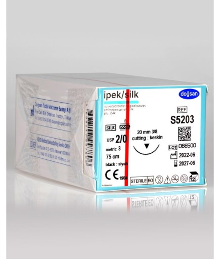 S5203 İpek 2/0 20 3/8 Keskin (▼) 75Cm İpek Emilemeyen Sütür 12 Ad./Pkt