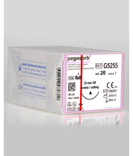 G5255 Pegesorb 2/0 25 3/8 Keskin (Δ) 45Cm PGA Emilebilir Sütür 12 Ad./Pkt