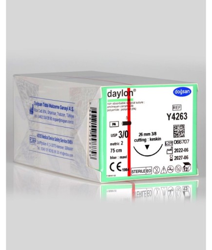 Y4263 Daylon 3/0 26 3/8 Keskin (▼) 75Cm Polyamid Emilemeyen Sütür 12 Ad./Pkt