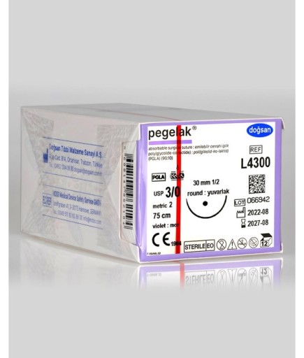 L4300 Pegelak 3/0 30 1/2 Yuvarlak (●) 75Cm PGLA Emilebilir Sütür 12 Ad./Pkt