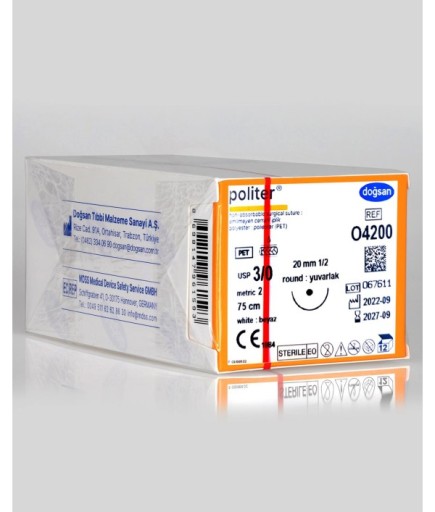 O4200 Politer 3/0 20 1/2 Yuvarlak (●) 75Cm Polyester Emilemeyen Sütür 12 Ad./Pkt