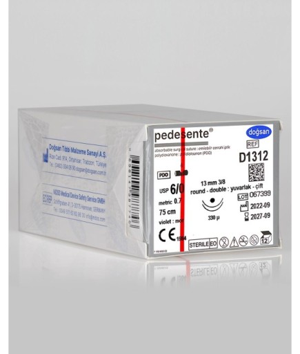 D1312 Pedesente 6/0 13 3/8 Yuvarlak (●) Çift İğne 75Cm PDO Emilebilir Sütür 12 Ad./Pkt