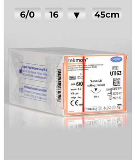 U1163 DOĞSAN Tekmon 6/0 16 3/8 Keskin (▼) 45Cm PGCL Emilebilir Sütür 12 Ad./Pkt