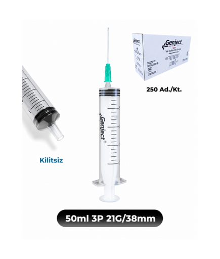 Genject 50 Ml. , 3 Parçalı , 21G (0.82Mm.), 38Mm,Yeşil İğneli Şırınga, Enjektör 50 Ad./Kt.