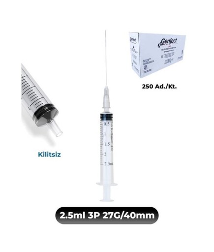 Genject 2,5 Ml. , 3 Parçalı , 27G (0.41Mm.), 40Mm,Gri İğneli Dental Şırınga, LUER-SLIP Kilitsiz Dental Enjektör 250 Ad./Kt.
