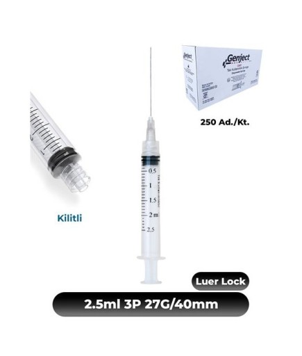 Genject 2,5 Ml. , 3 Parçalı , 27G (0.41Mm.), 40Mm,Gri İğneli Dental Şırınga, LUER-LOCK Kilitli Dental Enjektör 250 Ad./Kt.