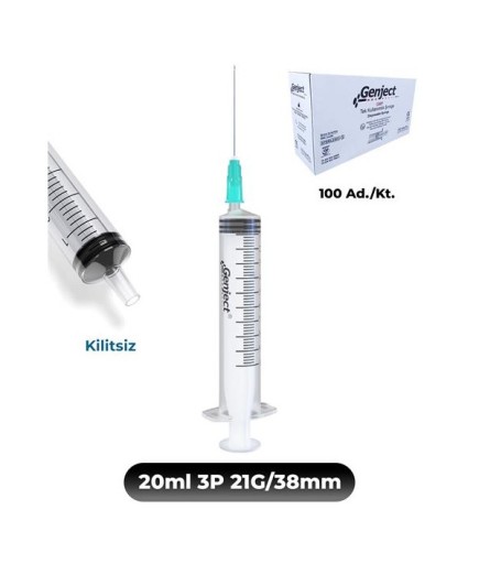 Genject 20 Ml. , 3 Parçalı , 21G (0.82Mm.), 38Mm,Yeşil İğneli Şırınga, Enjektör 100 Ad./Kt.