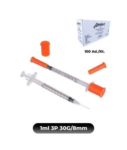 Genject 1 Ml 3 Parçalı 30G (0.3Mm) 8Mm,Sarı İğneli Enjektör,Süper İnsülin Şırıngası 100 Ad./Kt.