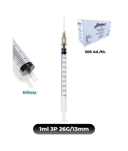 Genject 1 Ml. , 3 Parçalı , 26G (0.46Mm.), 13Mm,Kahverengi İğneli Enjektör, İnsülin İğnesi, Botoks İğnesi 500 Ad./Kt.