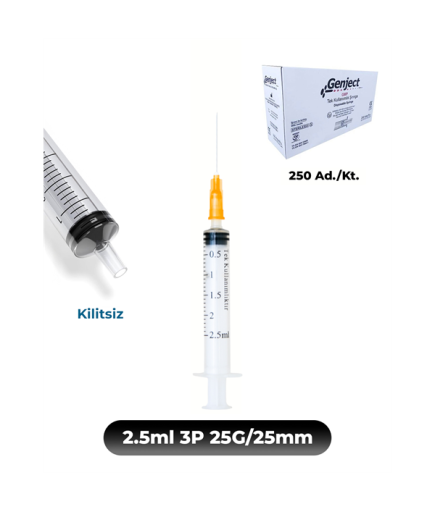 Genject 2,5 Ml. , 3 Parçalı , 25G (0.51Mm.), 25Mm,Turuncu İğneli Enjektör, Aşı Enjektörü 250 Ad./Kt. (K:1000)- 152MML012
