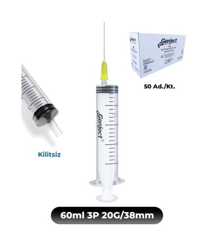 Genject 60 Ml. , 3 Parçalı , 20G (0.91Mm.), 38Mm,Sarı İğneli Şırınga, Enjektör 50 Ad./Kt. (K:400)- 152MML044
