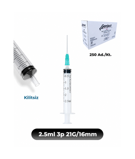 Genject 2,5 Ml. , 3 Parçalı , 21G (0.82Mm.), 16Mm,Yeşil İğneli Şırınga, Enjektör 250 Ad./Kt. (K:1000)- 152MML087