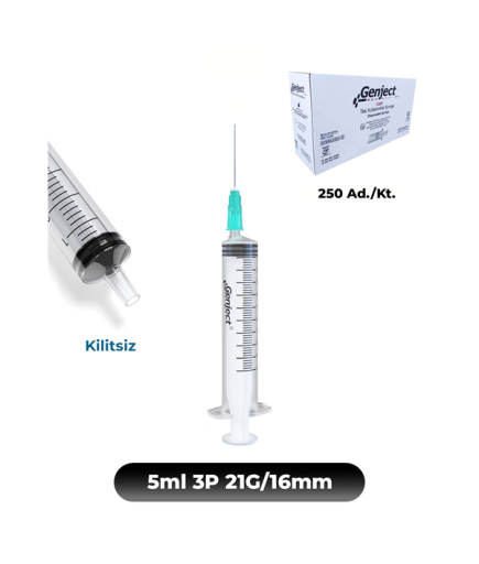 Genject 5 Ml. , 3 Parçalı , 21G (0.82Mm.), 16Mm,Yeşil İğneli Şırınga, Enjektör 250 Ad./Kt. (K:1000)- 152MML098