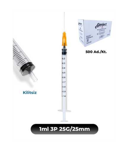 Genject 1 Ml. , 3 Parçalı , 25G (0.51Mm.), 25Mm,Turuncu İğneli Şırınga, Aşı Enjektörü 500 Ad./Kt. (K:2000)- 152MML133