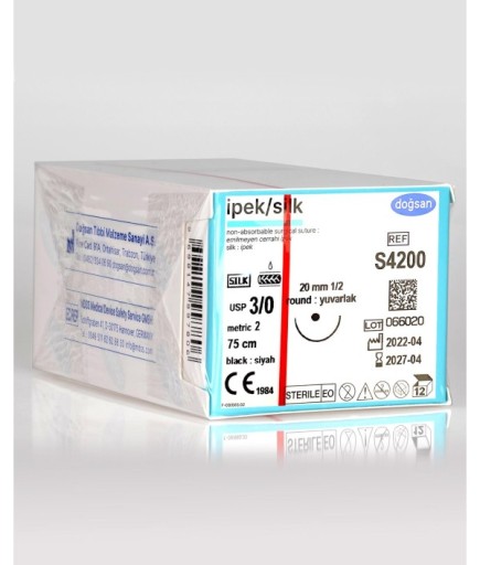 S4200 İpek 3/0 20 1/2 Yuvarlak (●) 75Cm İpek Emilemeyen Sütür 12 Ad./Pkt