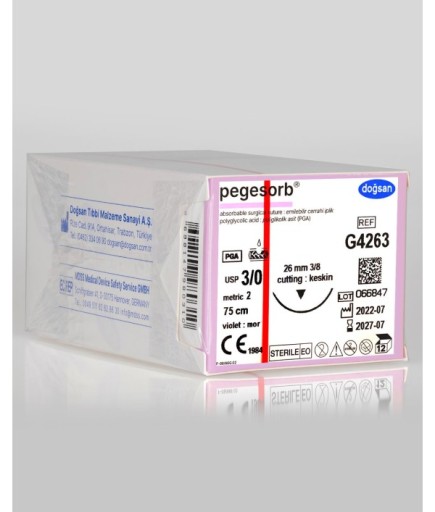 G4263 Pegesorb 3/0 26 3/8 Keskin (▼) 75Cm PGA Emilebilir Sütür 12 Ad./Pkt