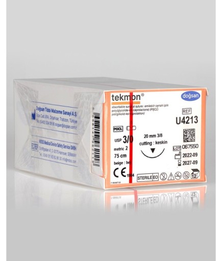 U4213 Tekmon 3/0 20 3/8 Keskin (▼) 75Cm PGCL Emilebilir Sütür 12 Ad./Pkt