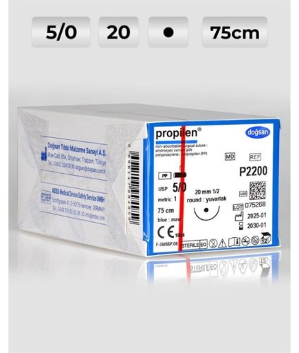 P2200 DOĞSAN Propilen 5/0 20 1/2 Yuvarlak (●) 75Cm Polipropilen Emilemeyen Sütür 12 Ad./Pkt